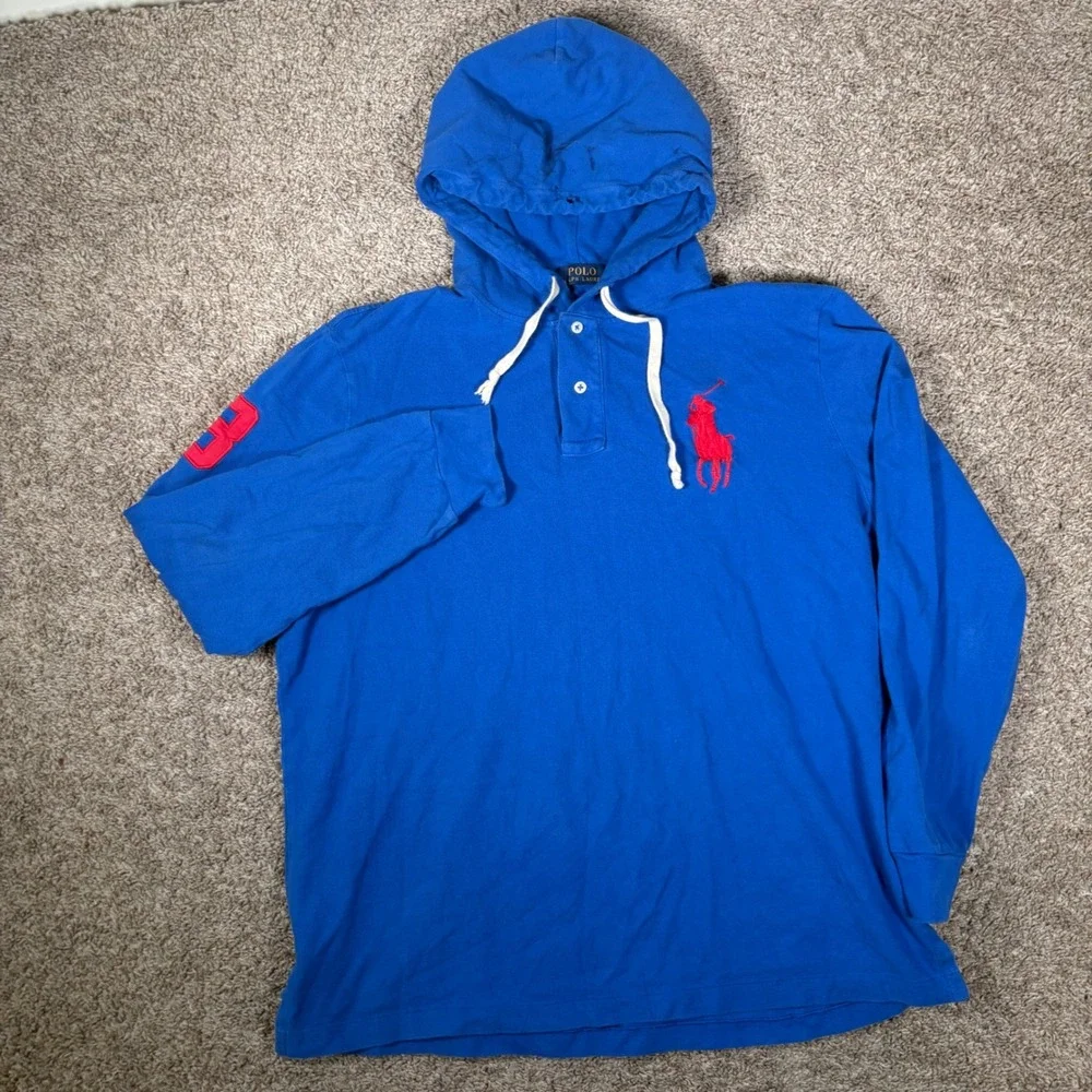 Polo Ralph Lauren Mens XL Blue Long Sleeve Big Pony Hooded‎ Henley Shirt 3 Patch